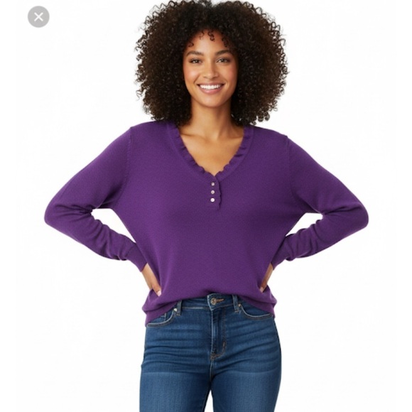 Lauren Ralph Lauren Sweaters - Lauren Ralph Lauren, purple ruffle V-neck collar Henley sweater size S